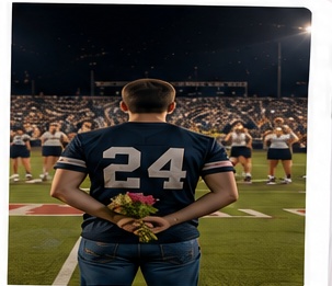 A student holding flowers behind their back at a football game